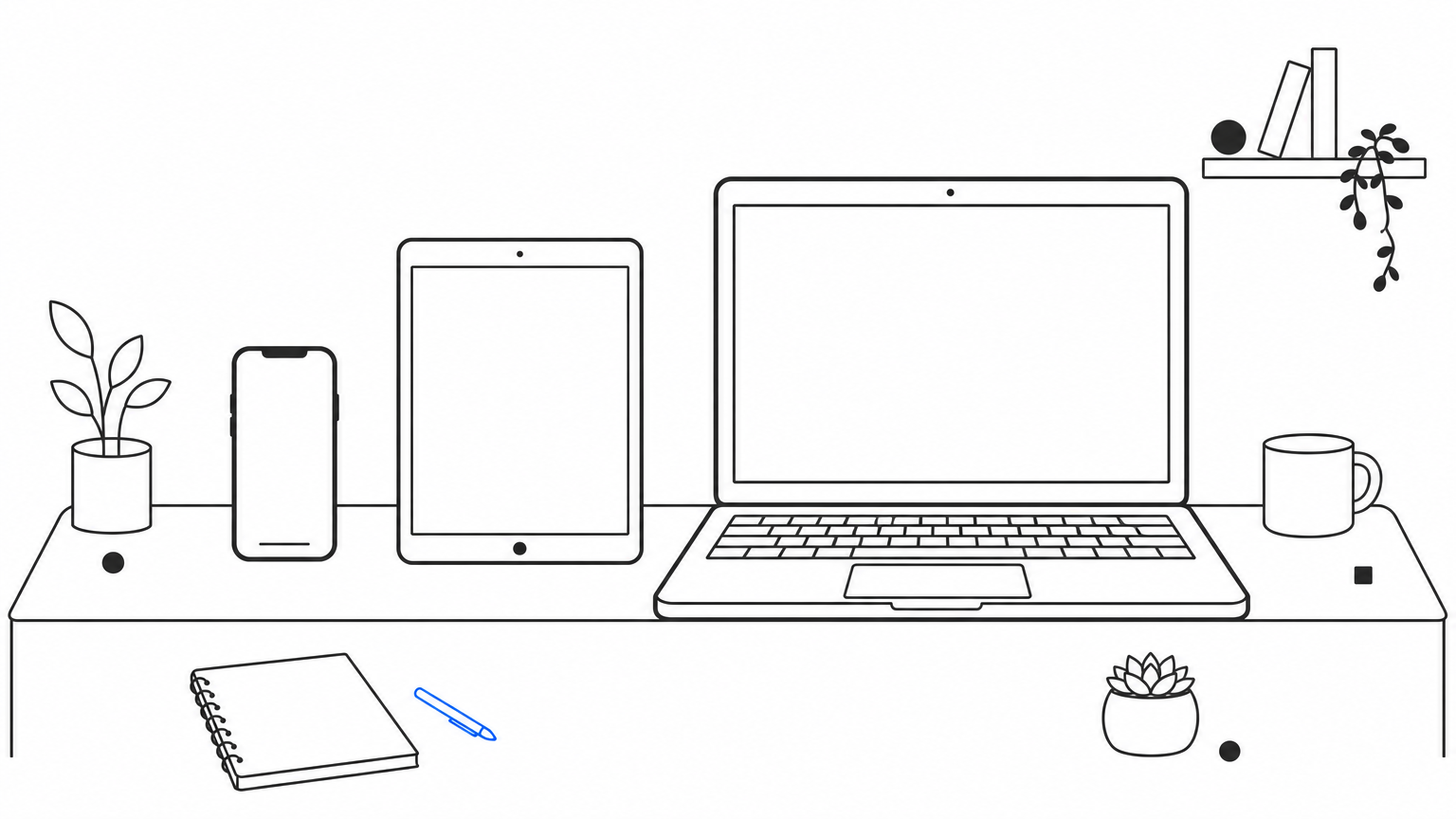 A smartphone, a tablet, and a laptop arranged in order of increasing size on a table.