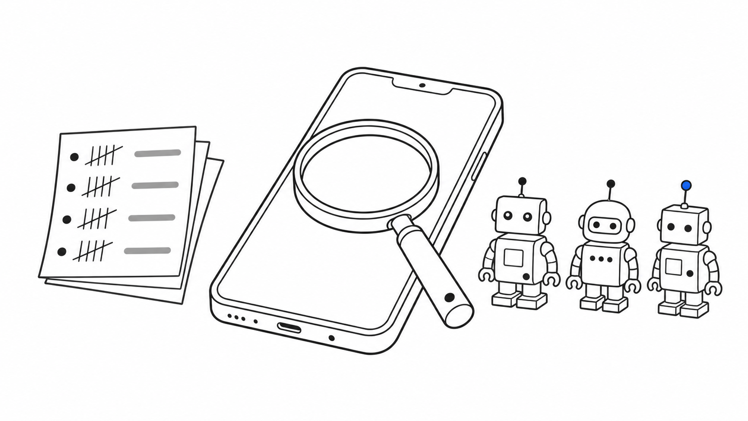 A smartphone on a desk under a magnifying glass, with tally sheets and small toy robots beside it.