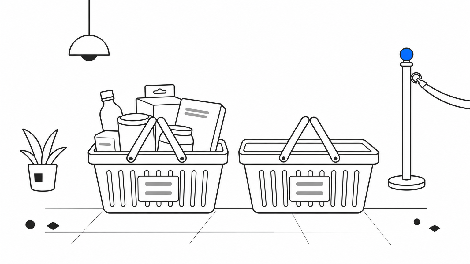 Two shopping baskets sit side by side on a store floor, one full of goods and one empty.