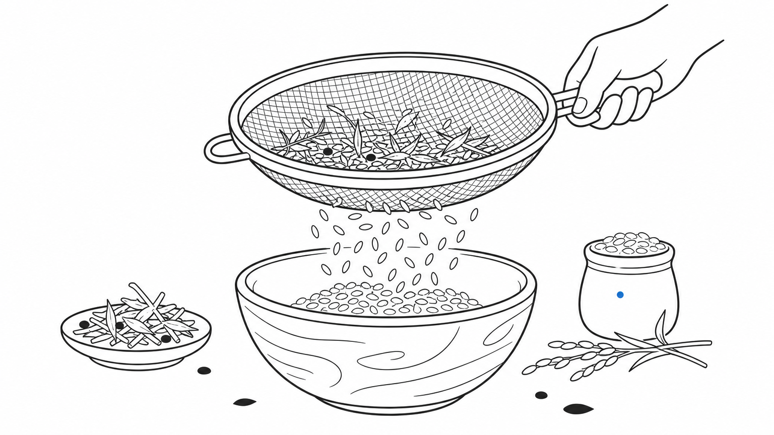 A sieve over a bowl catches coarse husks while clean grains fall through to the bottom.