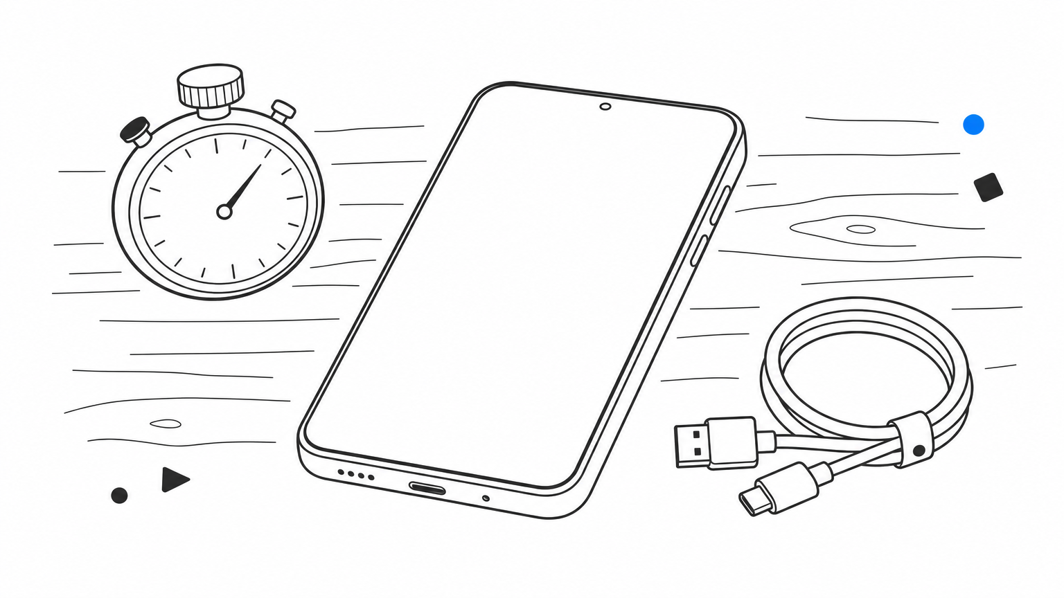 A smartphone lying on a desk next to a stopwatch and a coiled charging cable.