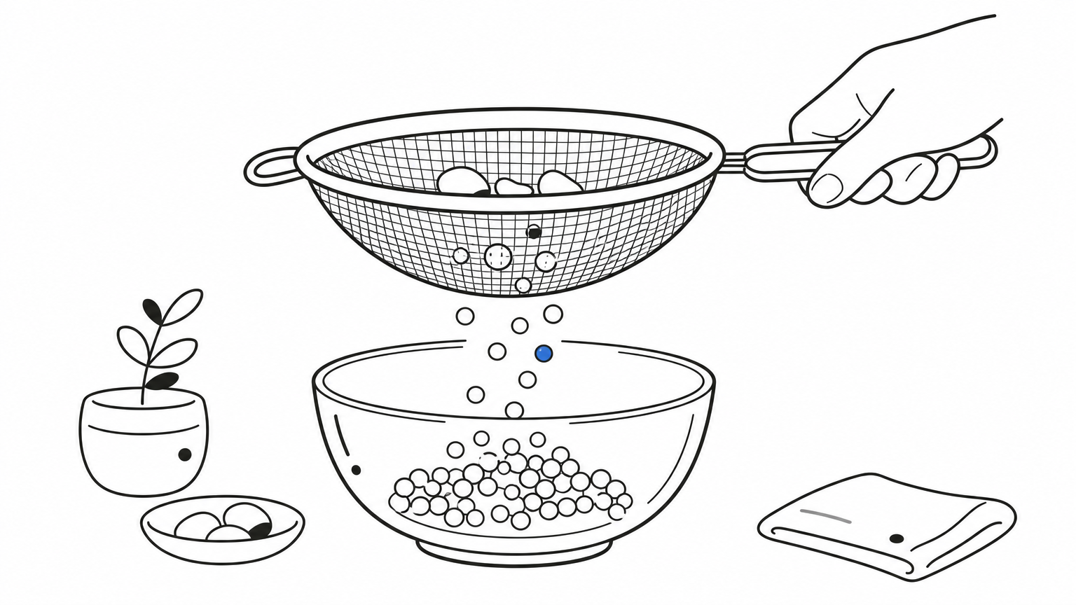 A kitchen sieve over a glass bowl, catching pebbles while smooth beads fall through into the bowl.