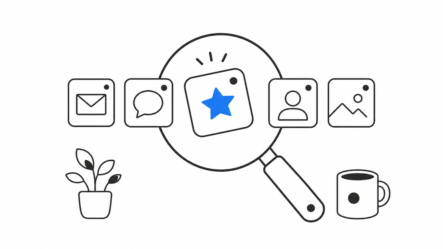 A magnifying glass rests over a row of square app icons, with one icon singled out.