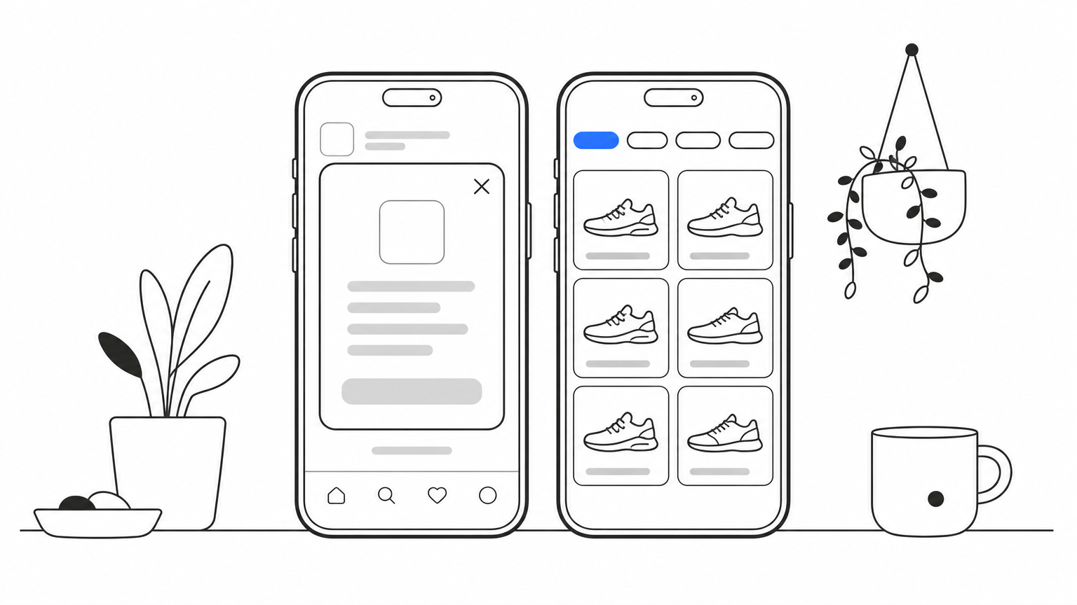 Two smartphones side by side, one covered by a pop-up and one showing a tidy grid of running shoes with filters.