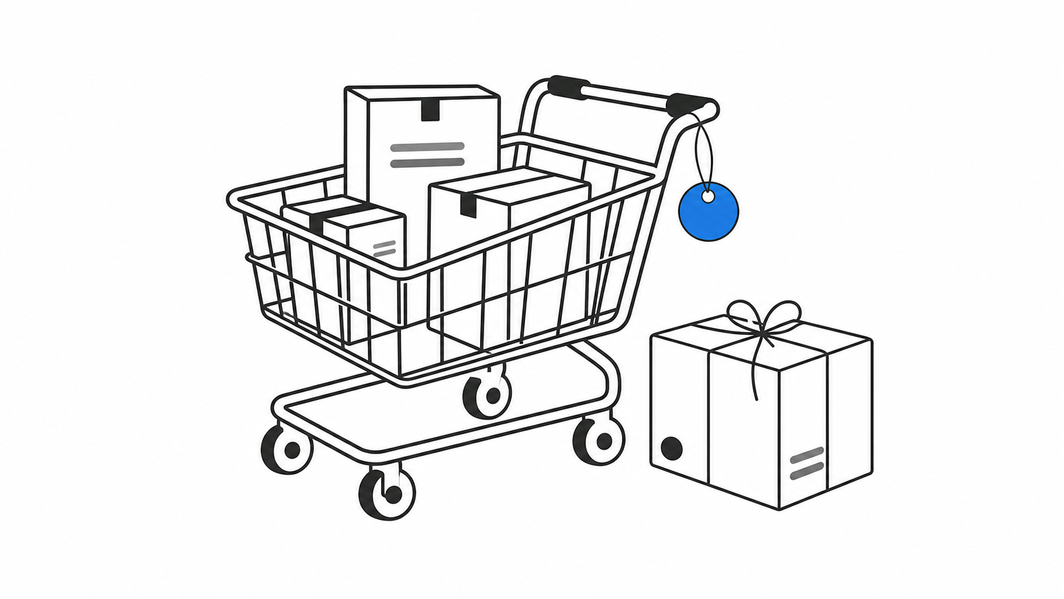 A shopping cart holds boxed products, with a cardboard parcel and a price tag beside it.
