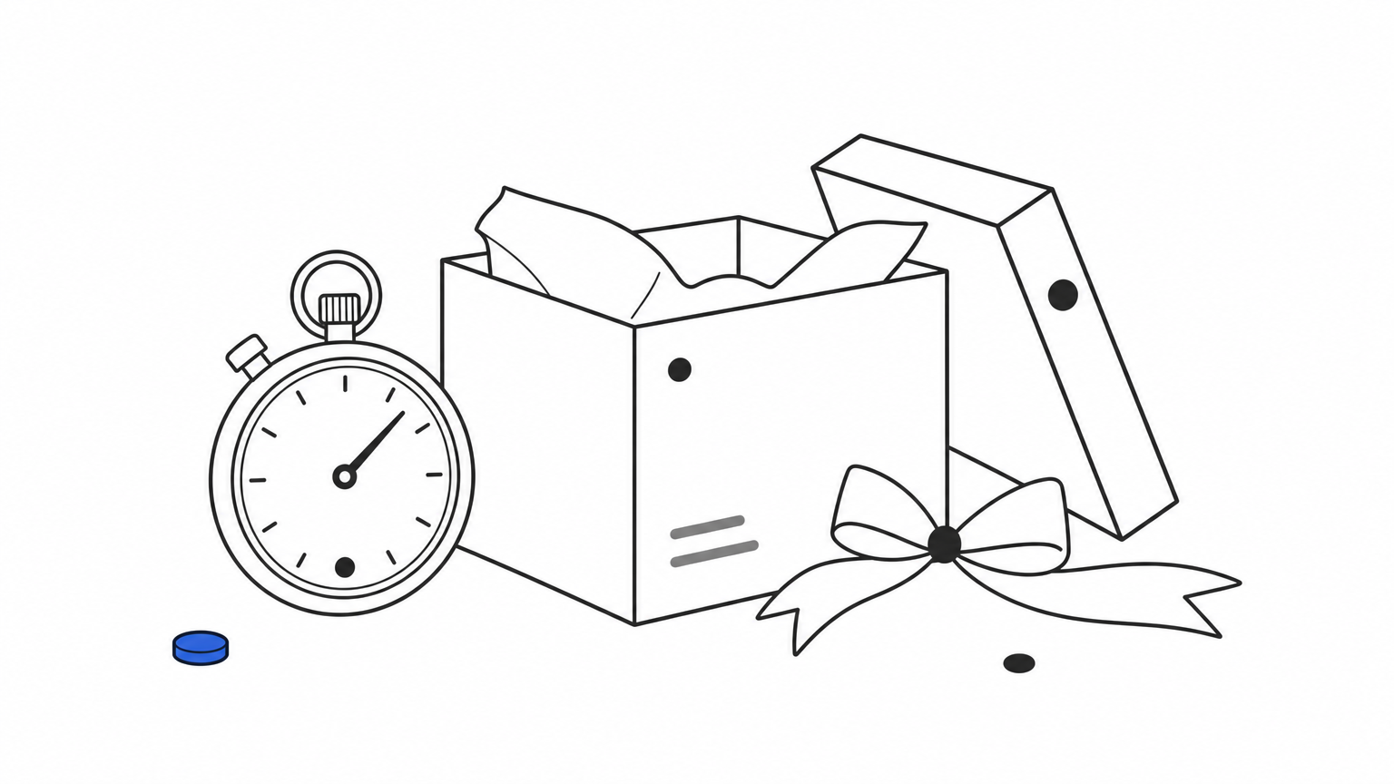 A stopwatch sits beside an open gift box with a ribbon and tissue paper.