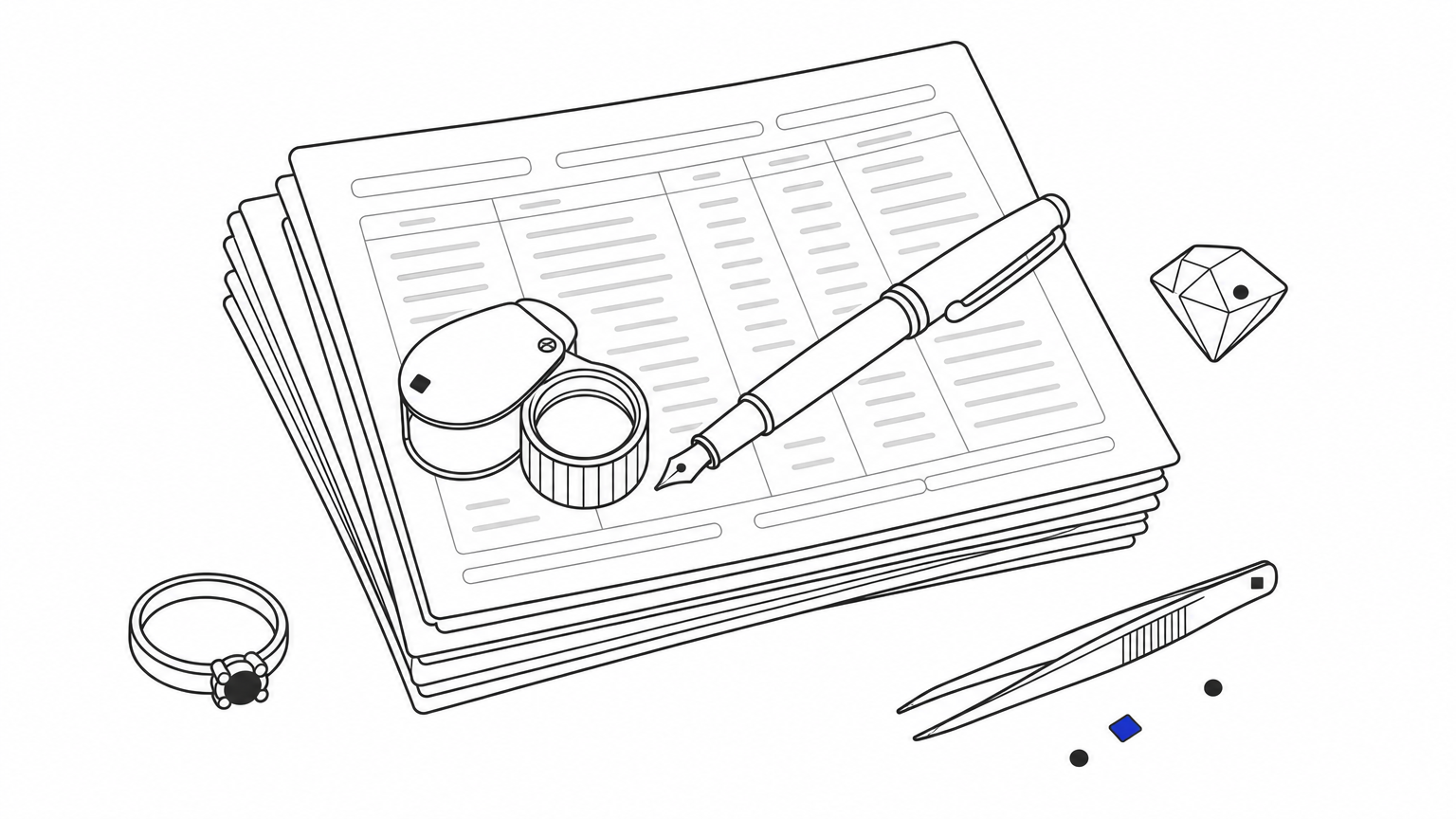 A jeweler's loupe lies on a stack of ledgers with a pen across the top page.