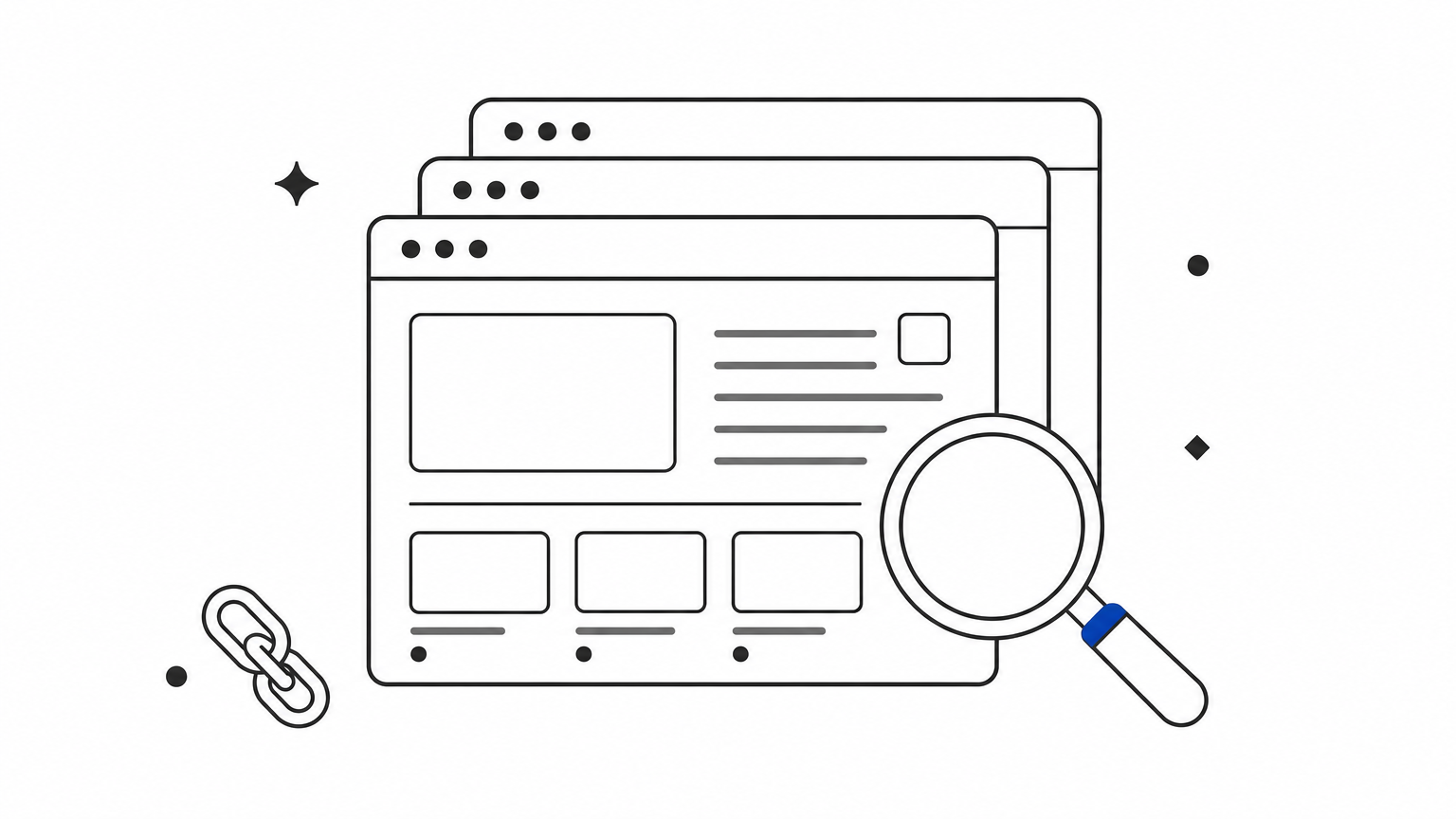 A magnifying glass sits on a stack of blank website page mockups beside a loose chain link.