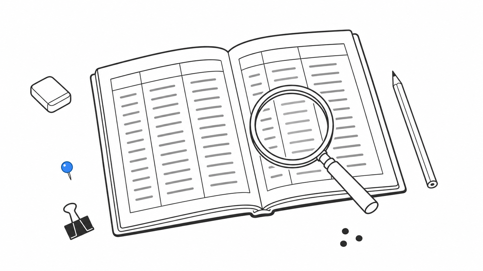 A magnifying glass rests on an open ledger of blank bar rows beside a pencil.