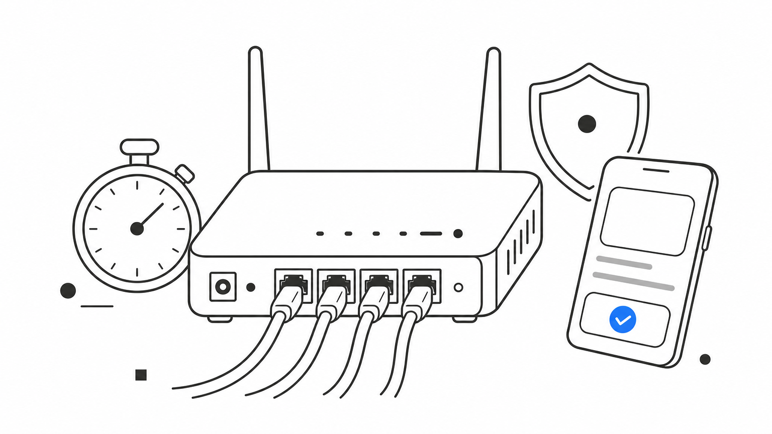A network router surrounded by a stopwatch, a shield and a smartphone showing a checkout screen.