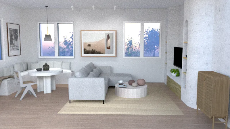 modernist loungeroom render, side-view, dining-lounge combo