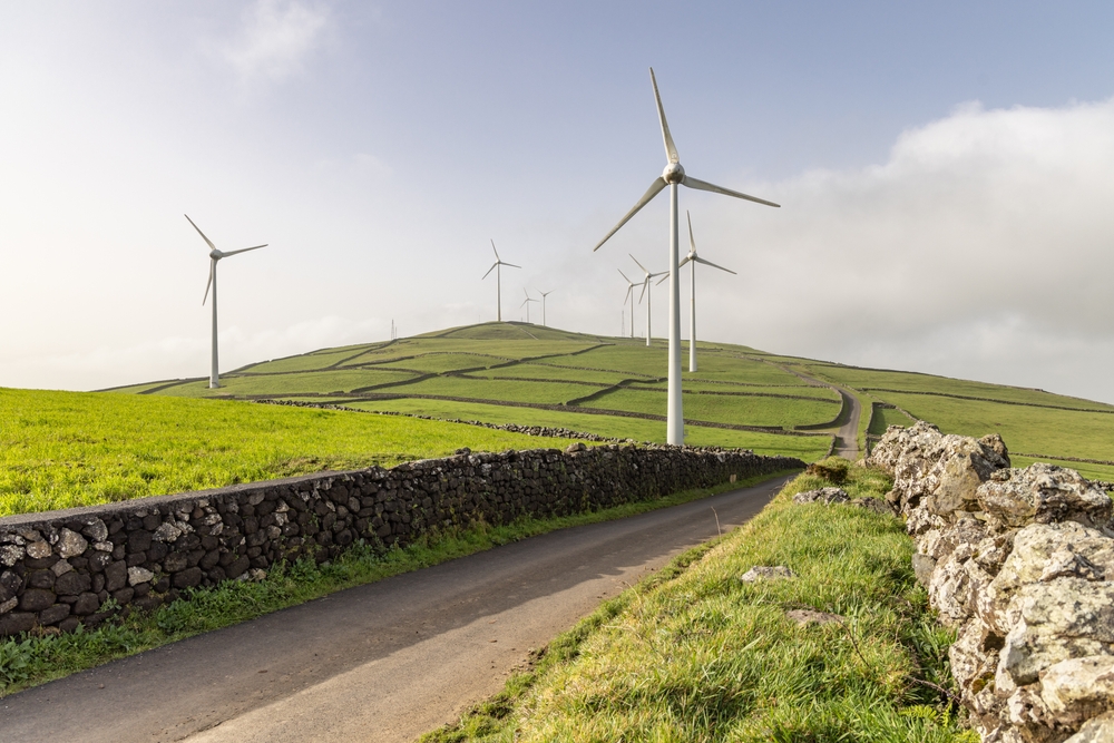 Wind turbines in a rural area in the Azores, Portugal