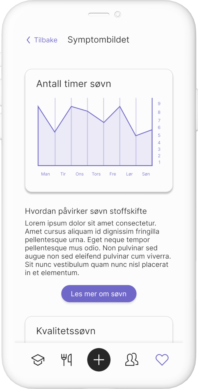 Mockupside av oversikt, viser en side hvor man ser loggføringen av søvn. Med informasjon under angående søvn