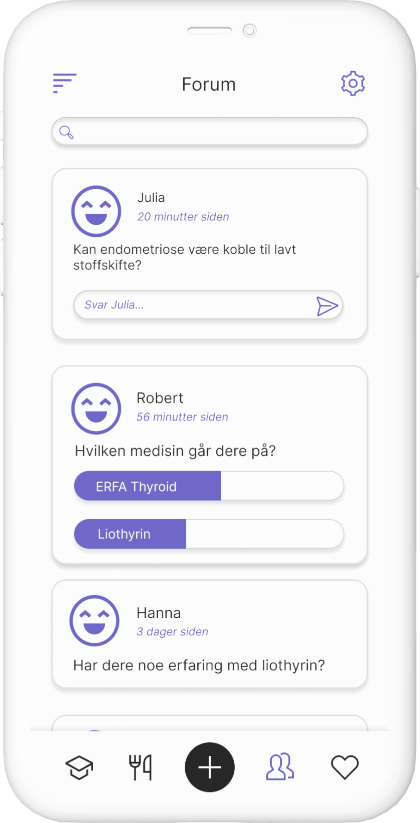 Mockup av forumside. Den viser en søkbar. Den inneholder flere forumposter som inkluderer navn, tidspunkt og tekst