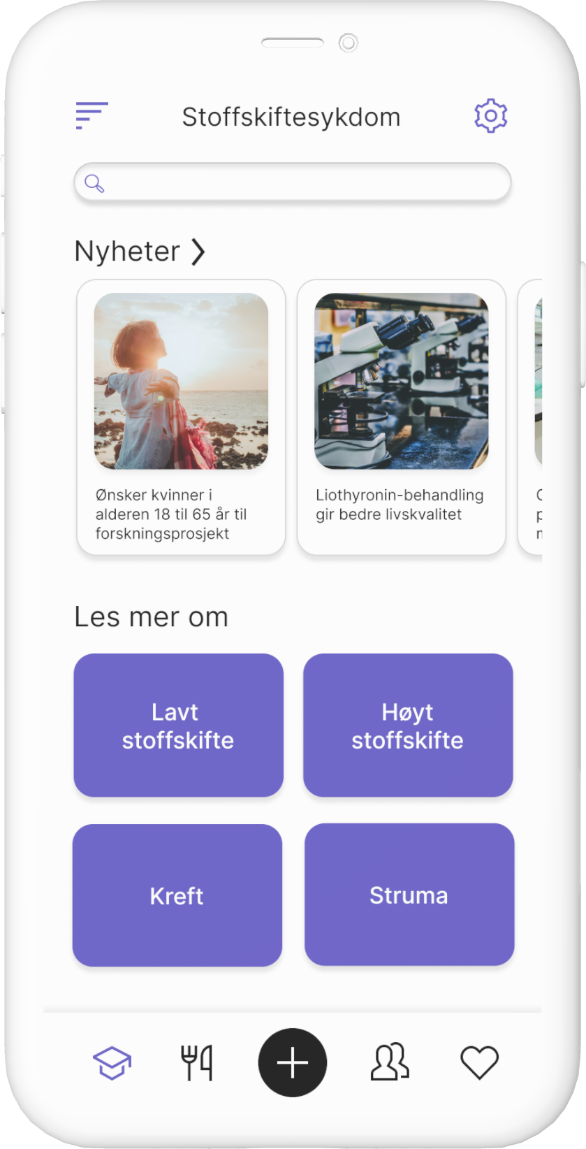 Opplæringsside av mockup, den viser en søkbar, nyhetsseksjon og 4 kategorier: Lavt stoffskifte, høyt stoffskifte, kreft og struma
