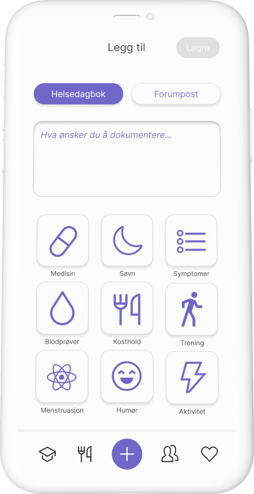 Loggføring mockup. Den viser to hovedkategorier: Helsedagbok og forumpost. Et felt hvor du kan legge hva du ønsker å dokumentere. Så er det 9 kategorier: medisin, søvn, symptomer, blodprøver, kosthold, trening, menstruasjon, humør, aktivitet