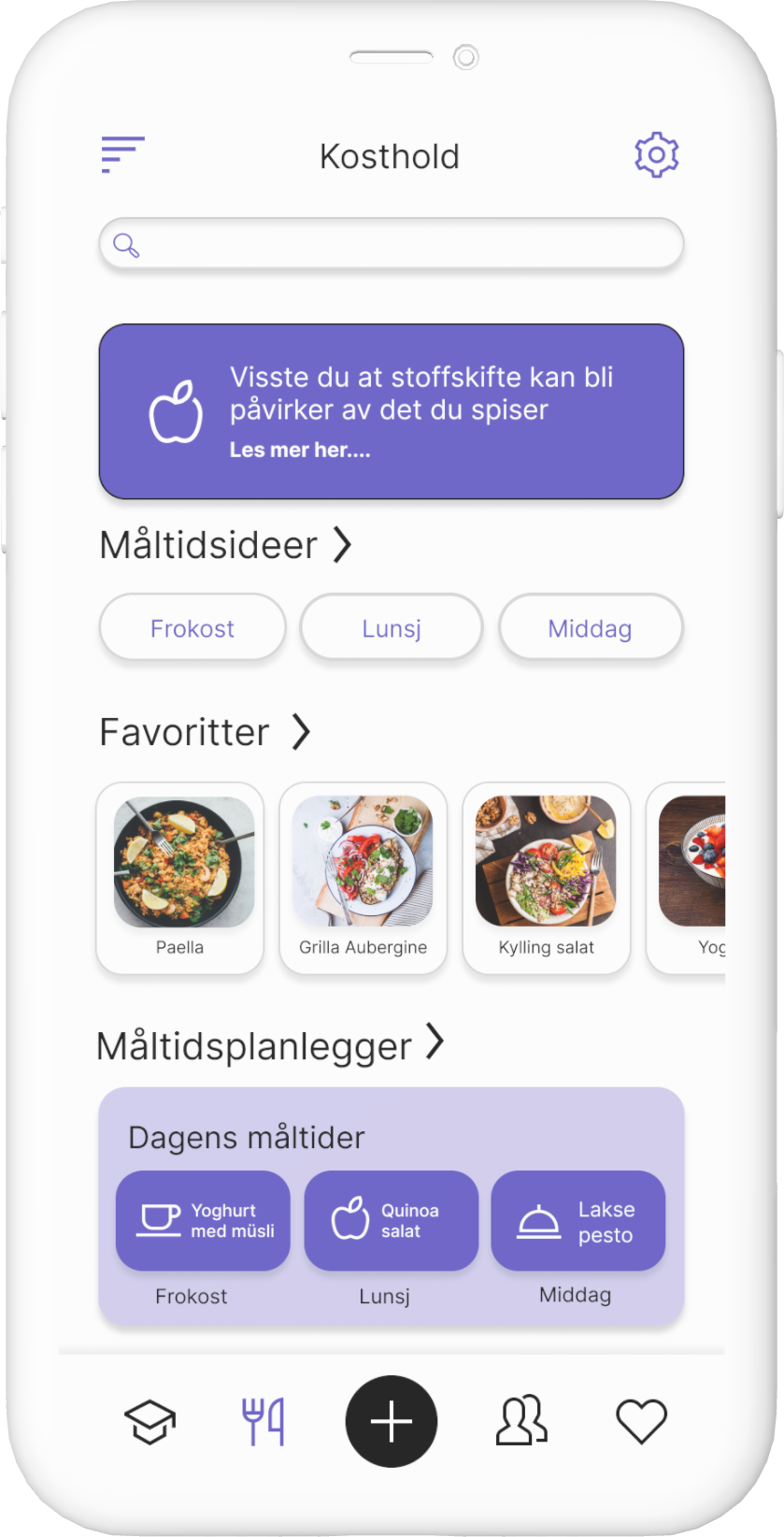 Kosthold mockup side. Den viser en søkbar. En informasåjonssknapp. Måltidsidé kategorier. Favoritt kategori. Måltidsplanlegger kategori