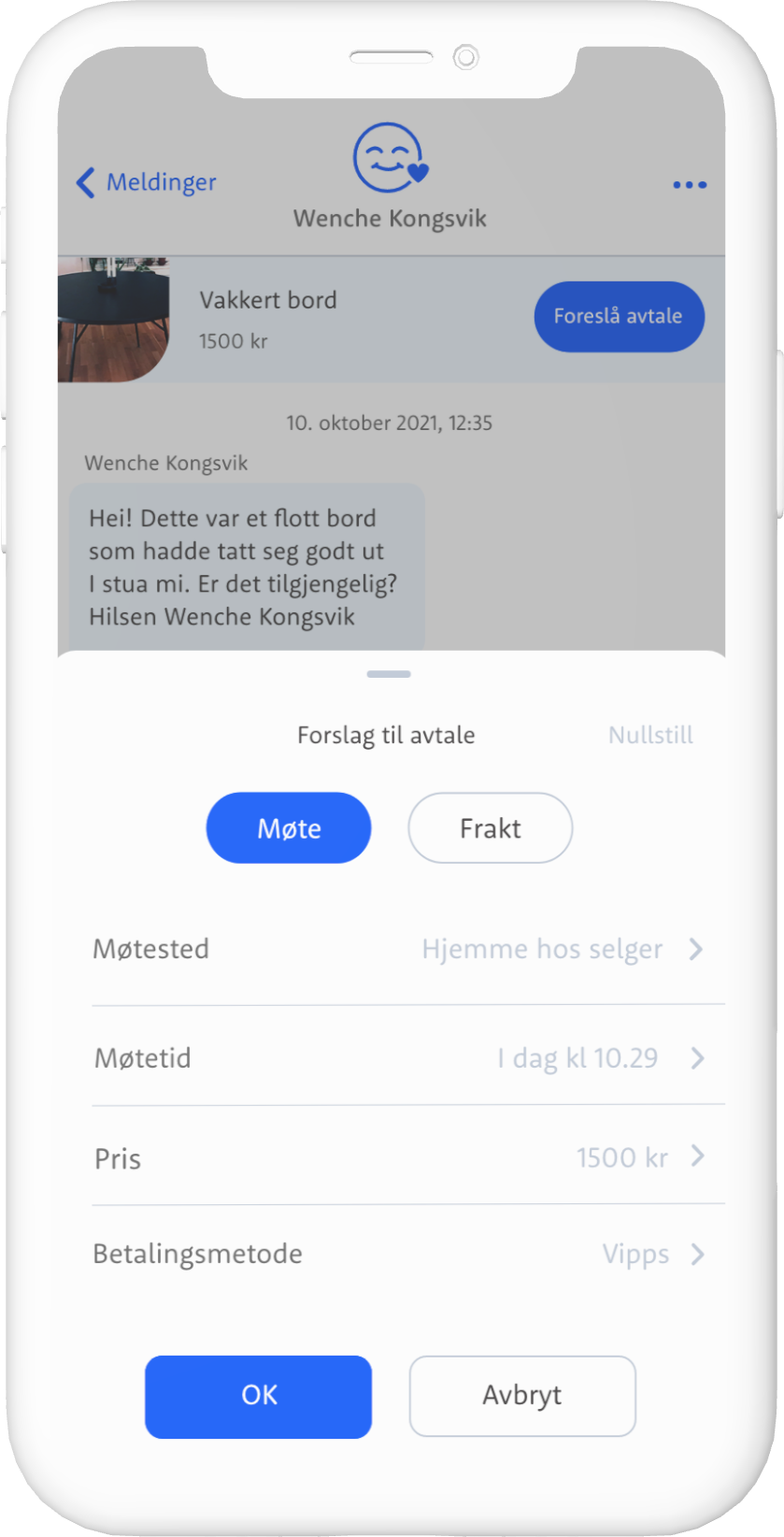 Mockup som viser valgene mellom møte og levering. Samt forskjellige kategorier som man fyller ut. Som pris møtested osv.