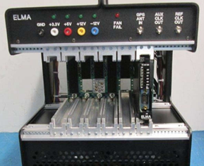 Closeup of card cage in a VPX development chassis showing the backplane and slot guides.