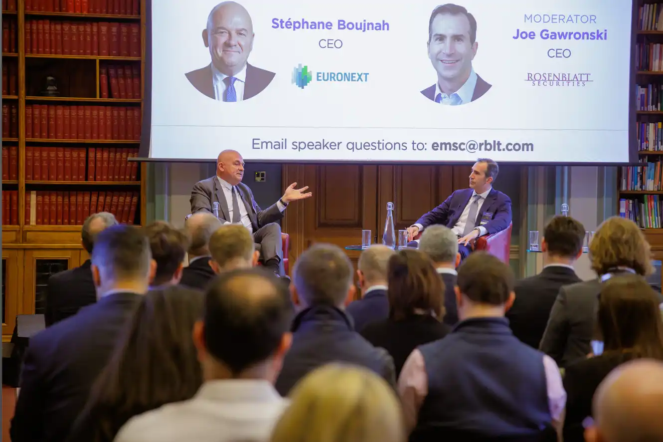 Euronext CEO St�phane Boujnah speaks with moderator Joe Gawronski on stage at the 2023 Rosenblatt Securities European Market Structure Conference.
