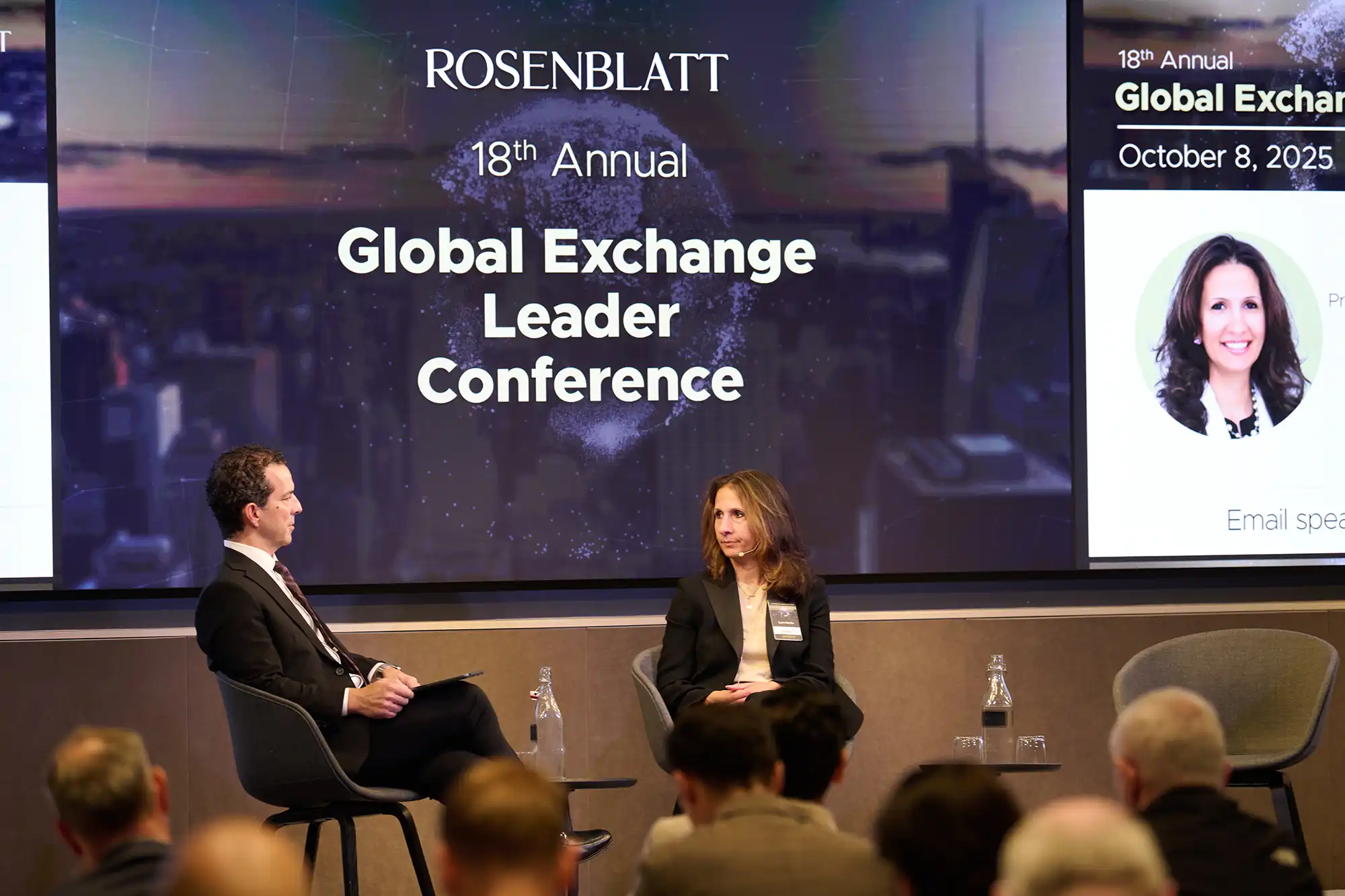 Justin Schack and Lynn Martin at the Rosenblatt Global Exchange Leader Conference, discussing finance industry trends.