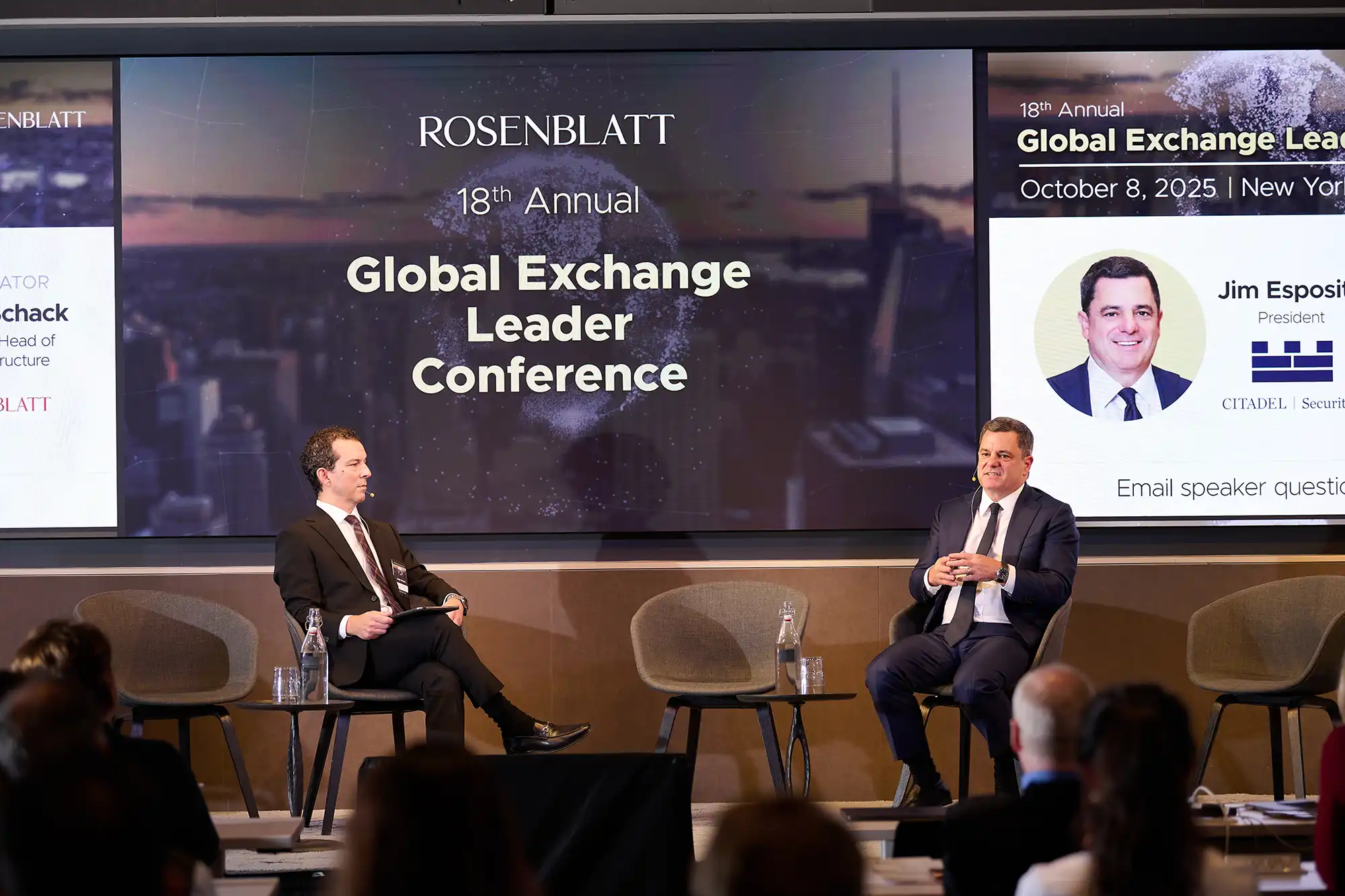 Justin Schack interviews Citadel Securities President Jim Esposito on stage at the Global Exchange Leader Conference.
