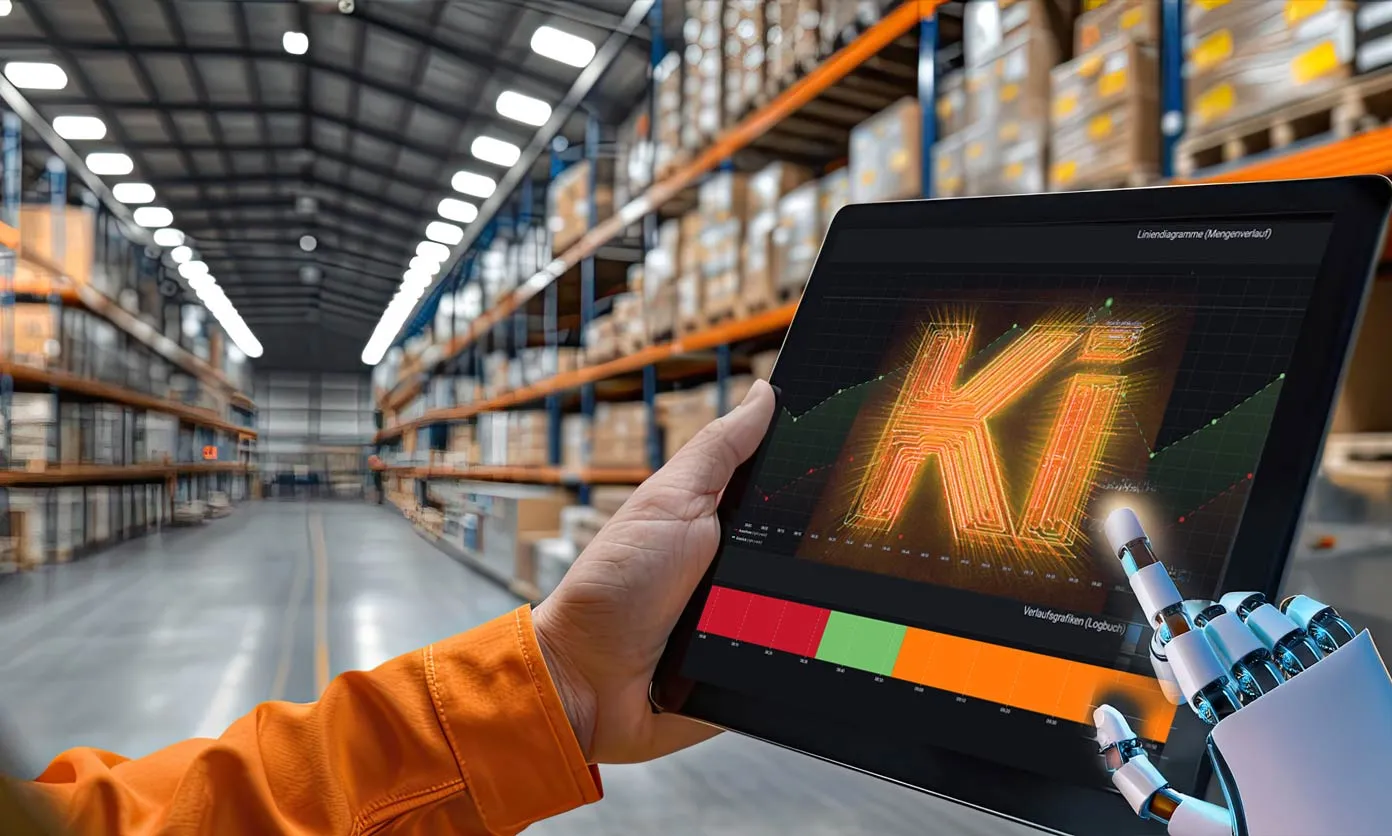 Person in orangeem Overall hält ein Tablet mit dem leuchtenden Schriftzug 'Ki' und einem Roboterfinger in einem Lagerhaus.