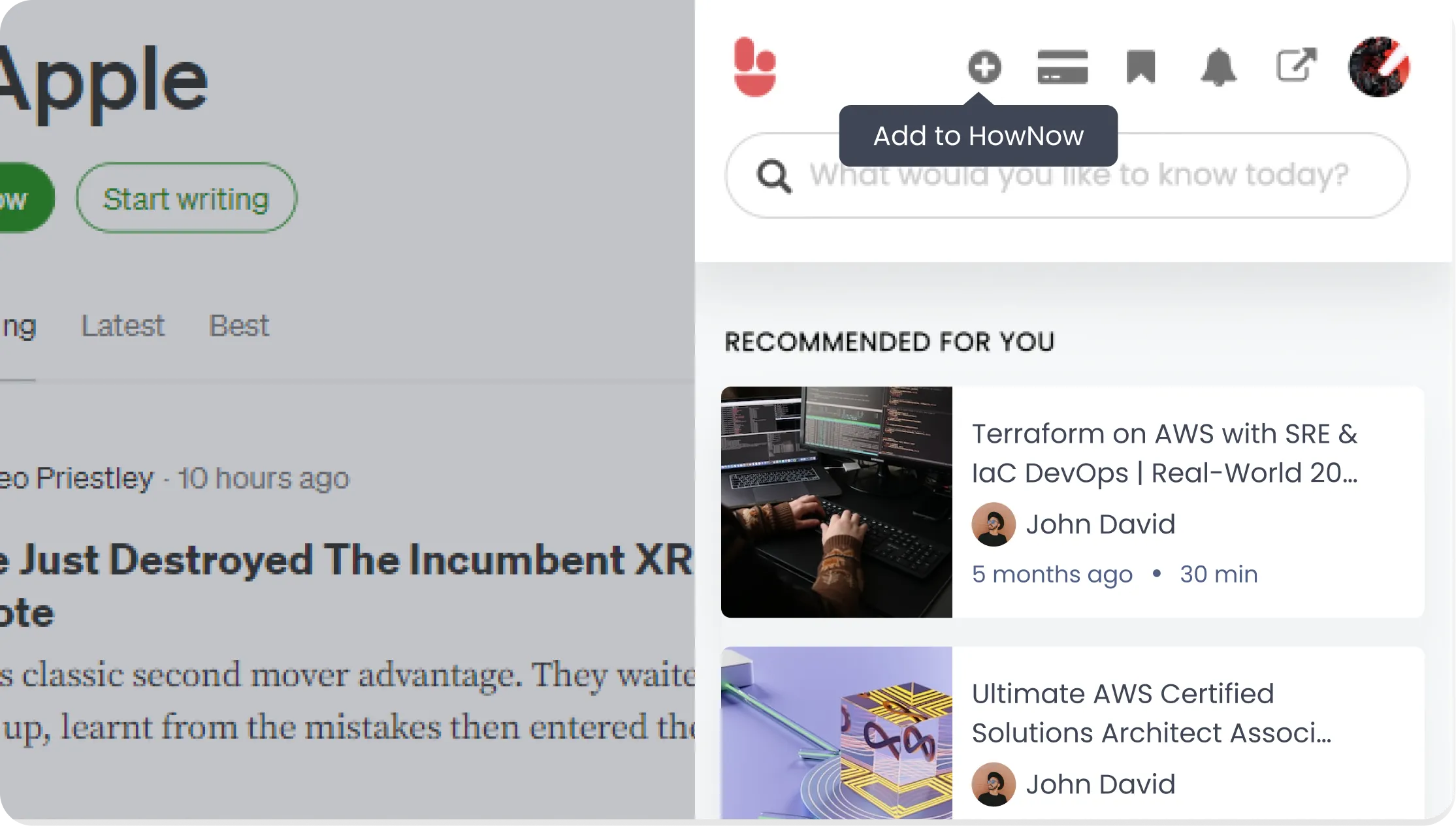 he HowNow web clipper extension activated on an online article, with a button to save the content directly to a user's knowledge library.