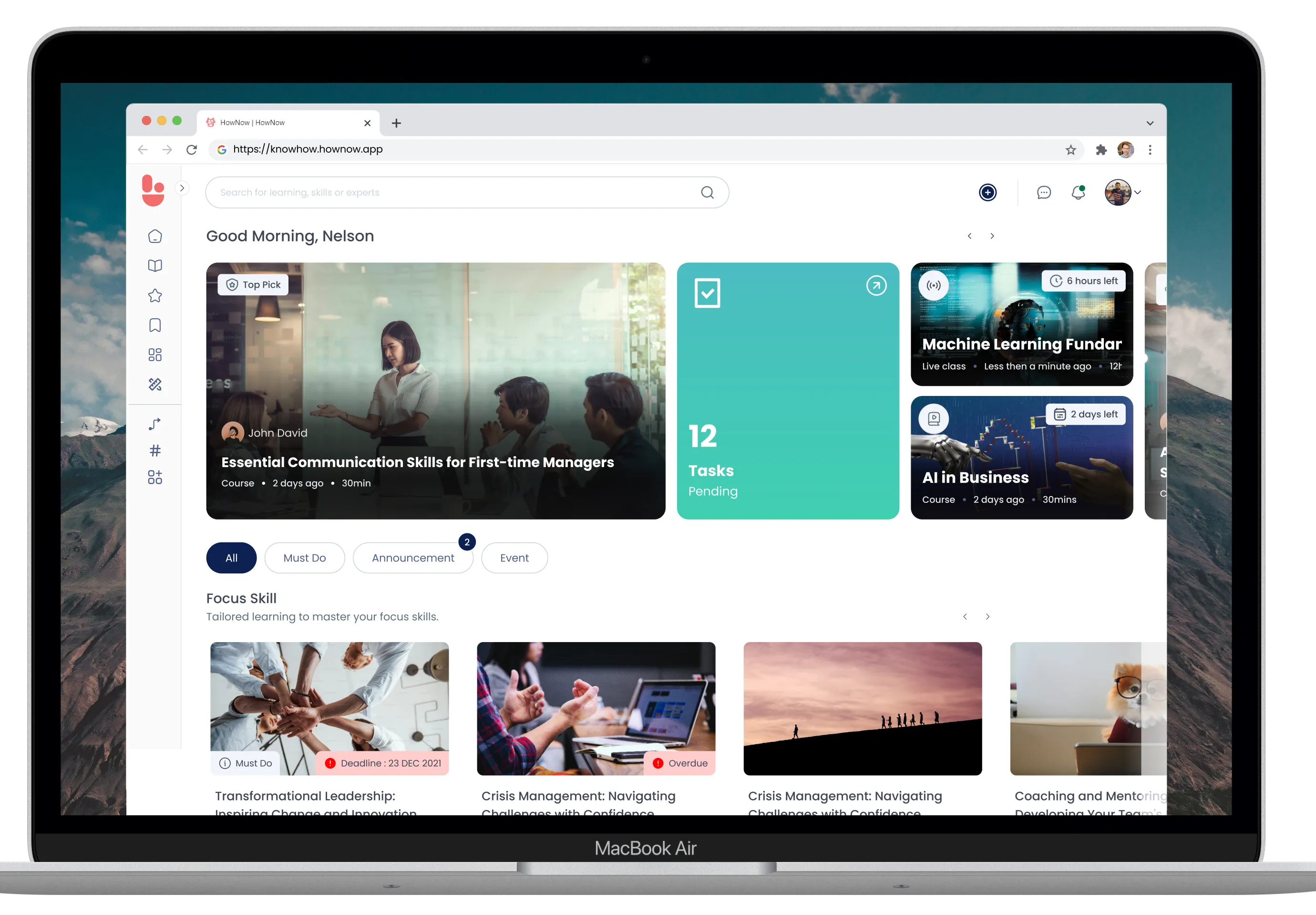 HowNow AI-powered learning platform homepage with personalised dashboard for L&D teams.