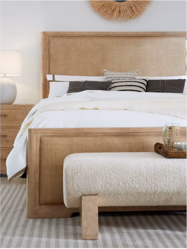 Rattan headboard and boucle benchr