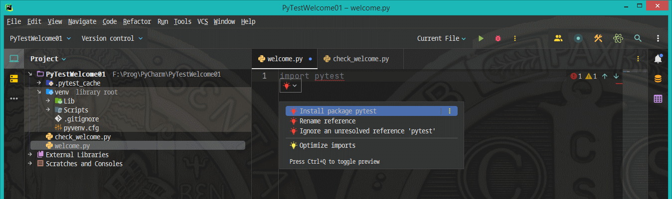 PyCharm "Install package" menu option