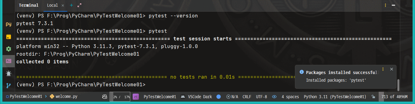 PyCharm, PyTest library successfully installed