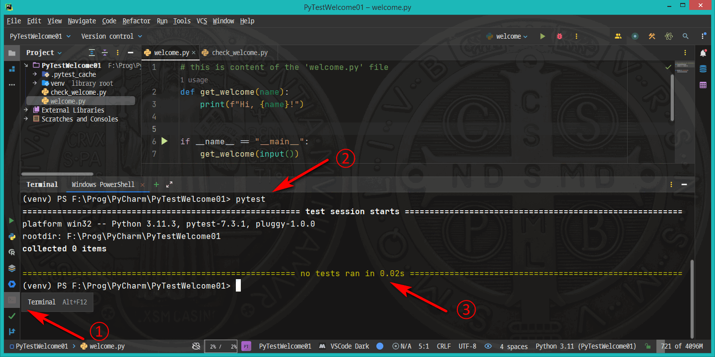 PyCharm - run in the terminal window the very basic version of the 'pytest' command.