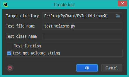 PyCharm - new test properties