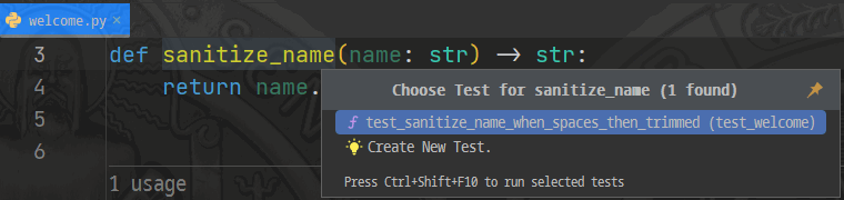 PyCharm recognizes the associated, properly named test functions.