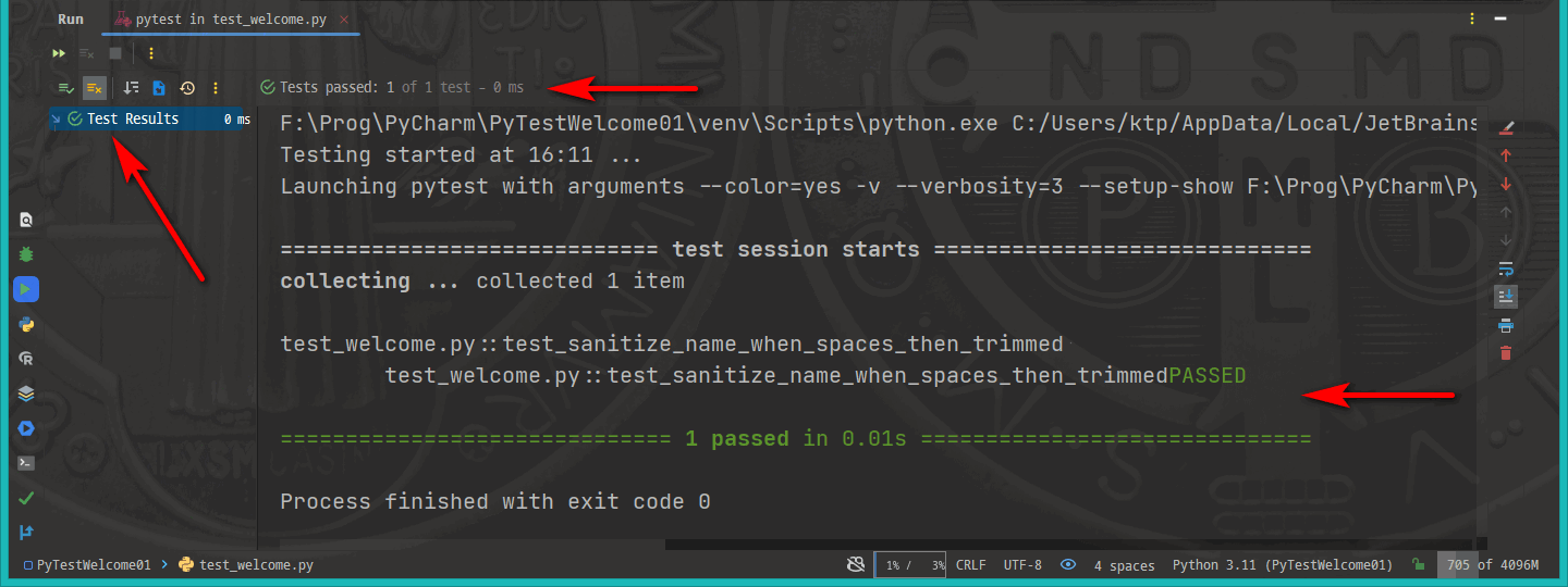 PyCharm - Pytest successful test report