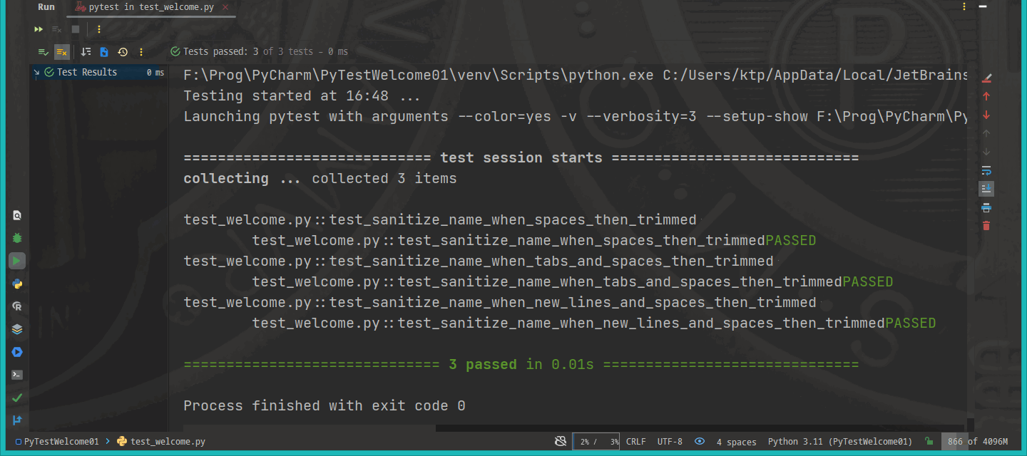 PyCharm - PyTest informs three tests "passed green"