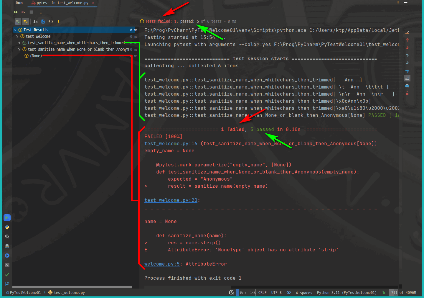 PyCharm - new 'None' test does not pass – it "goes red"