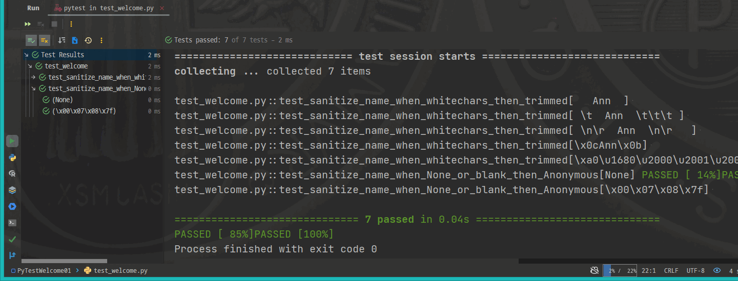 PyCharm - both white chars and control chars tests pass green