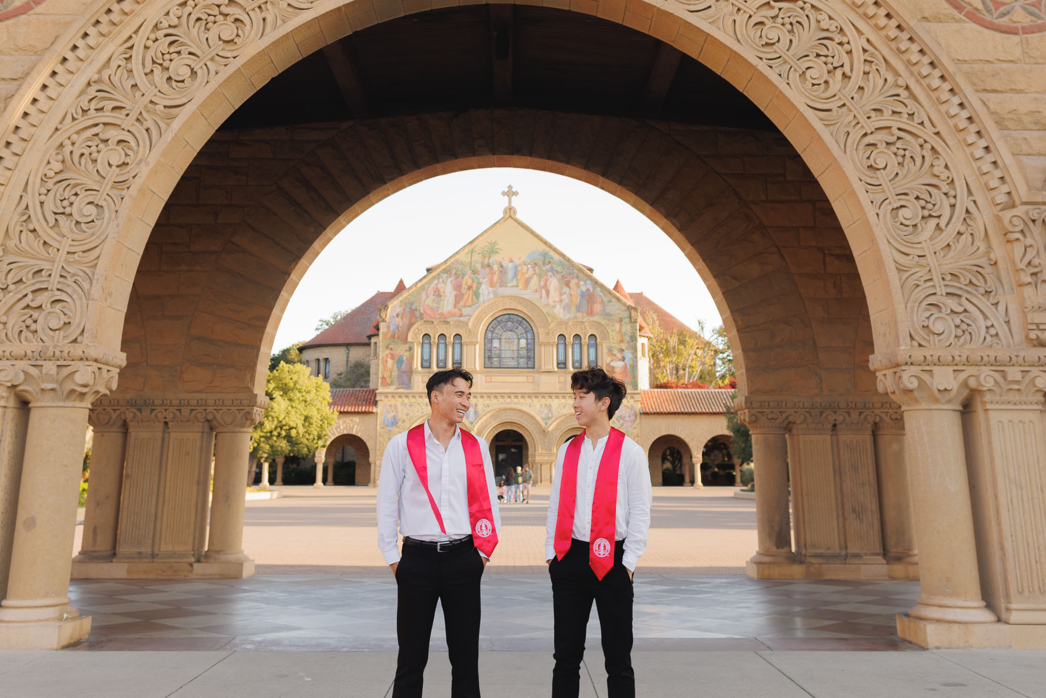 Male Graduate Students laughing at Stanford Campus
