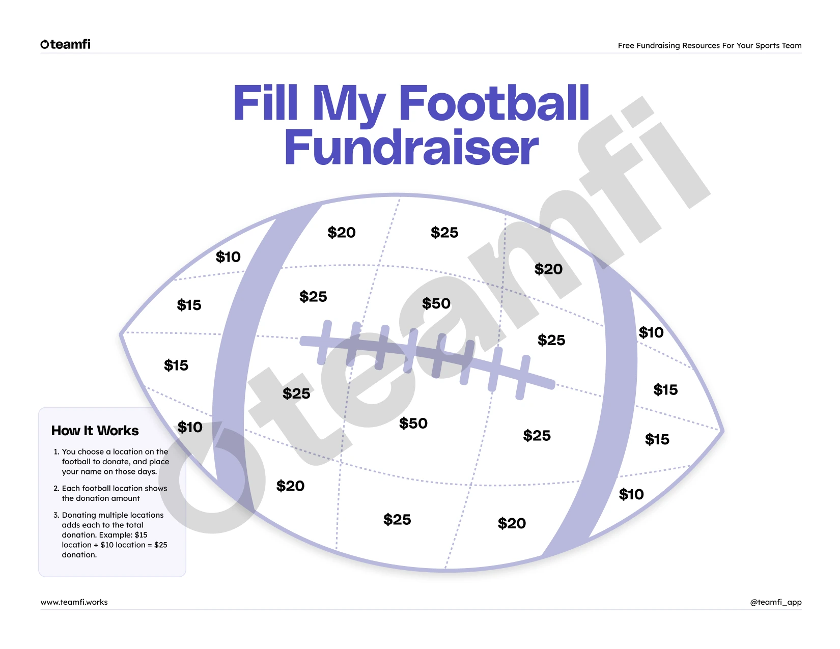 Fill My Football fundraiser template graphic showing donation amounts.