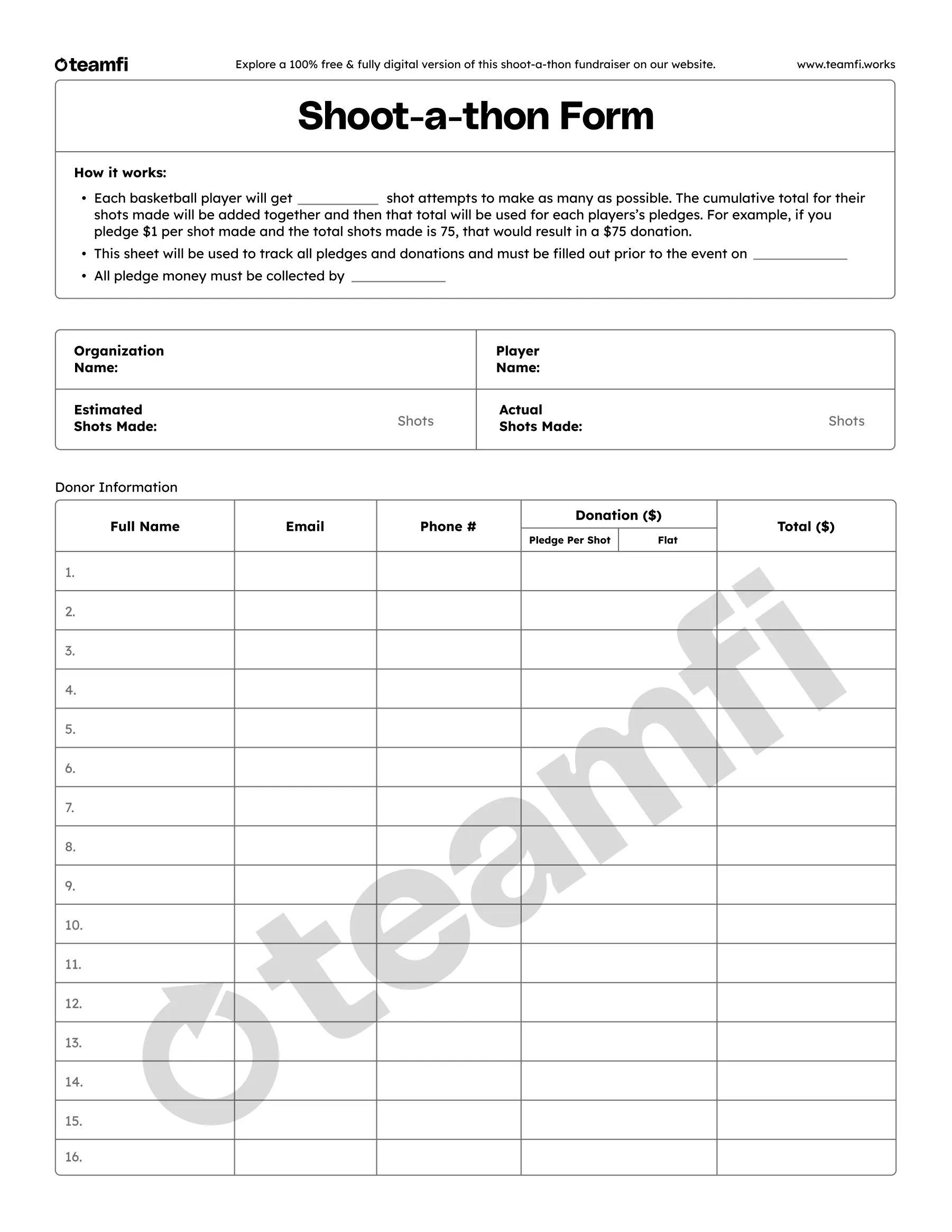 Printable Shoot a Thon fundraiser template for basketball teams to collect pledges per shot made.