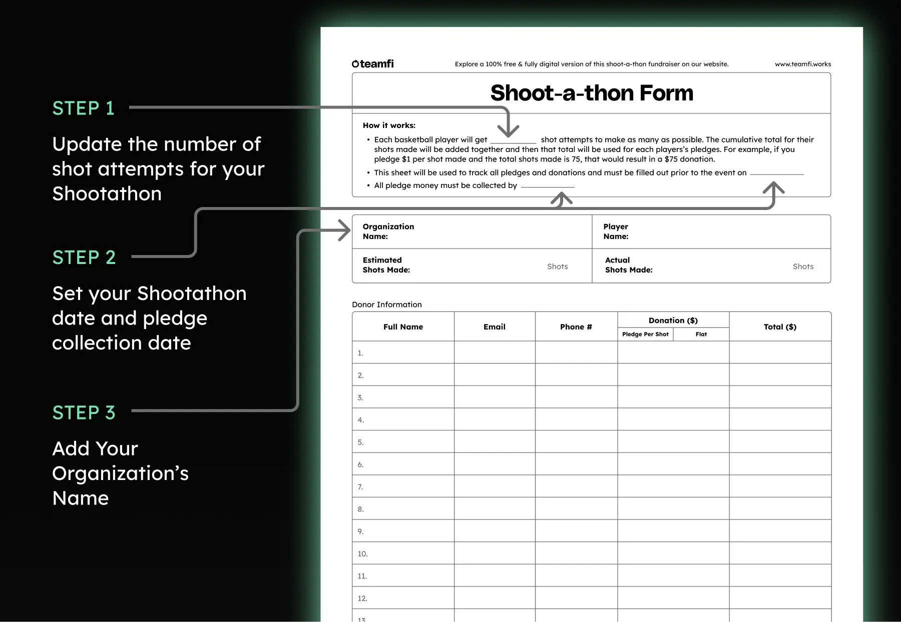 Three quick steps to have your basketball shootathon fundraiser template ready to go.