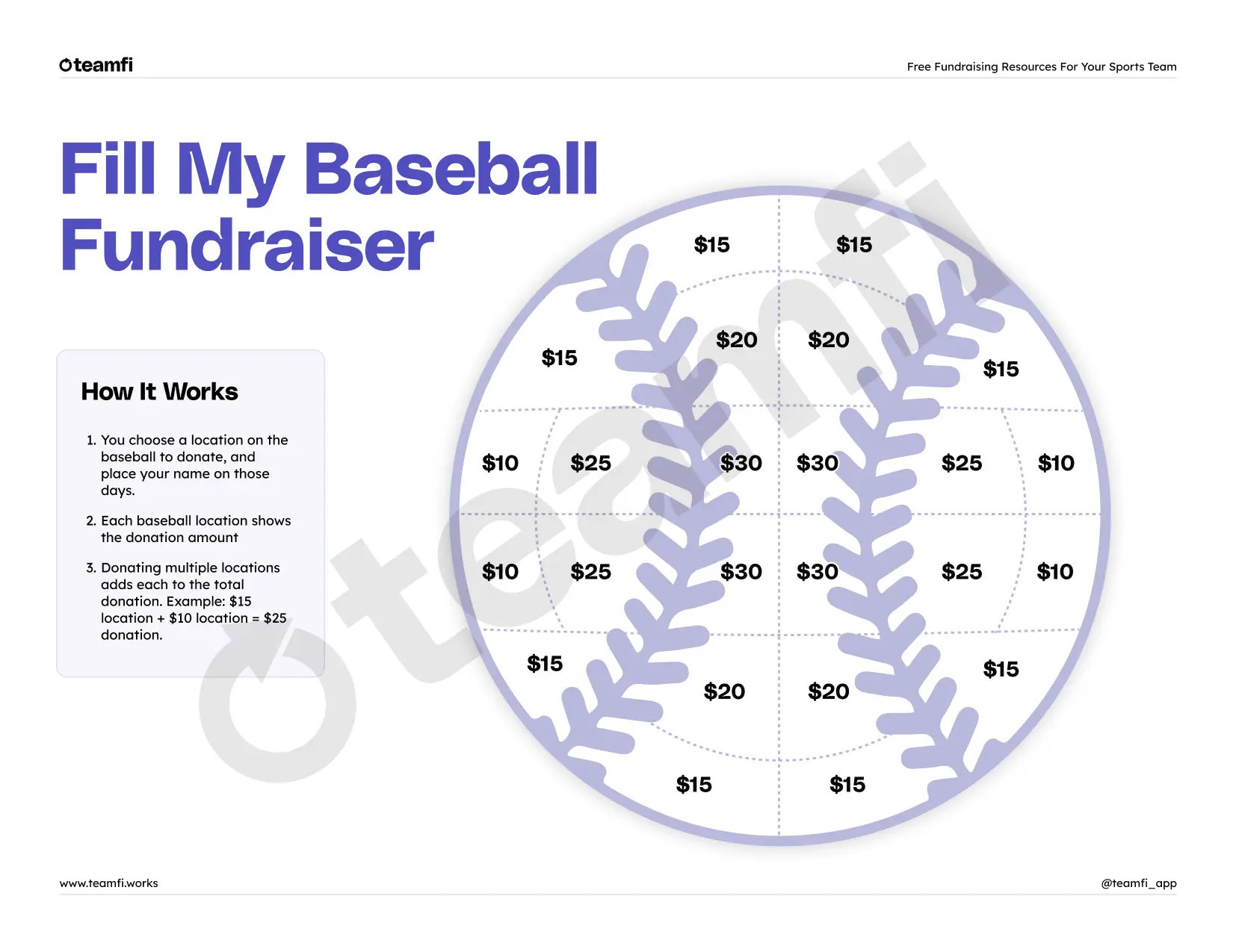 Printable Fill My Baseball template features a baseball graphic filled with different donation amounts.