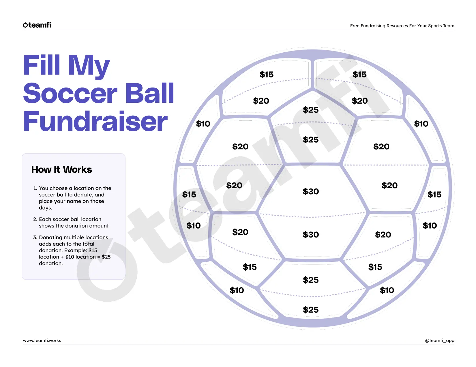 Fill My Soccer Ball fundraiser template with a printable soccer ball graphic showing donation amounts.