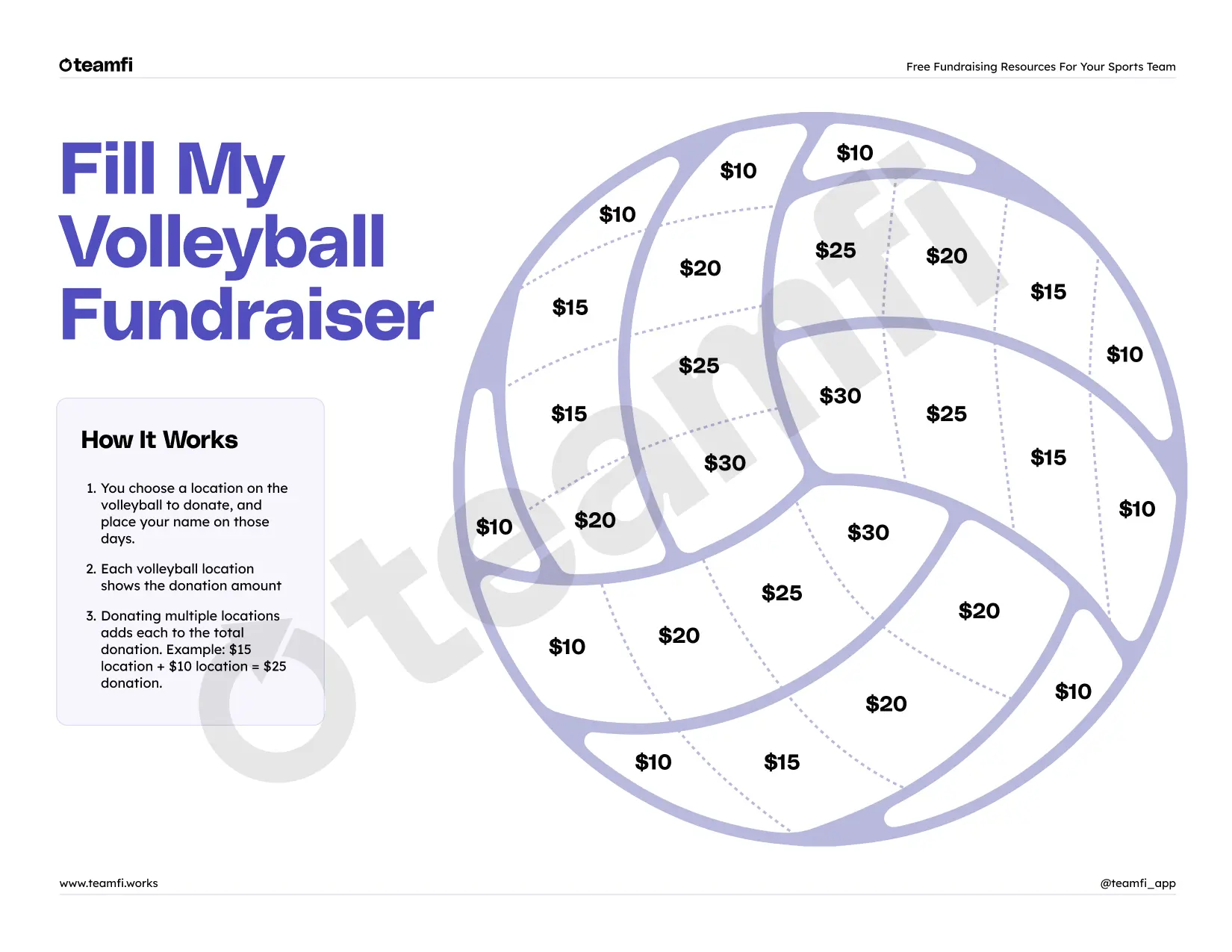 Printable Fill My Volleyball fundraiser template showing donation amounts inside a volleyball graphic.