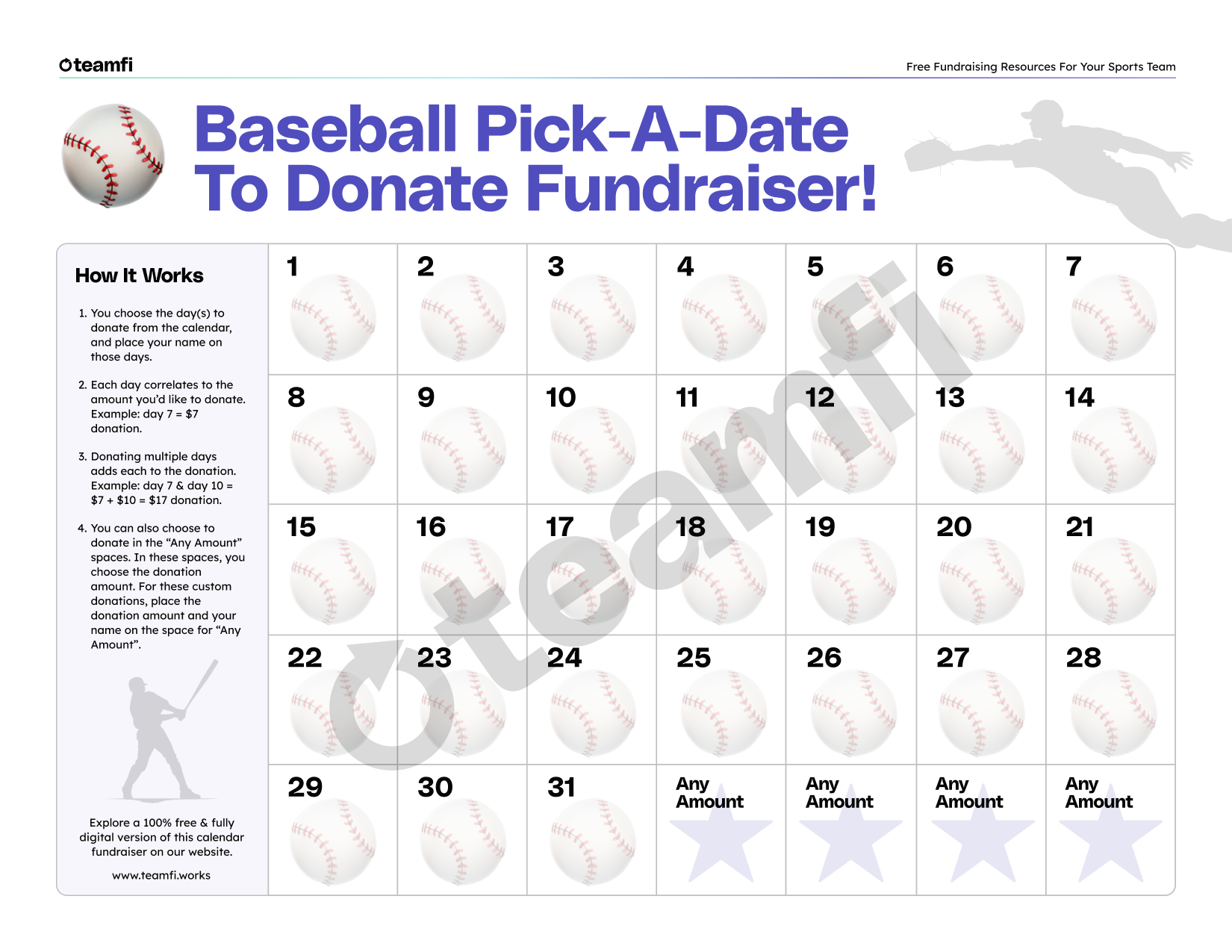 Teamfi Pick a Date to Donate Baseball Calendar