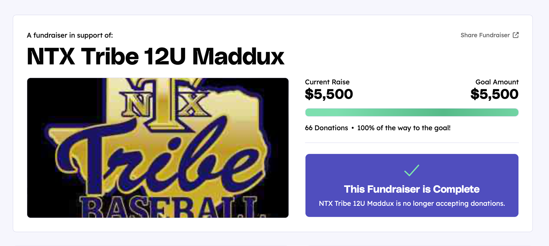 NTX Tribe 12U baseball used crowdfunding to raise $5500.