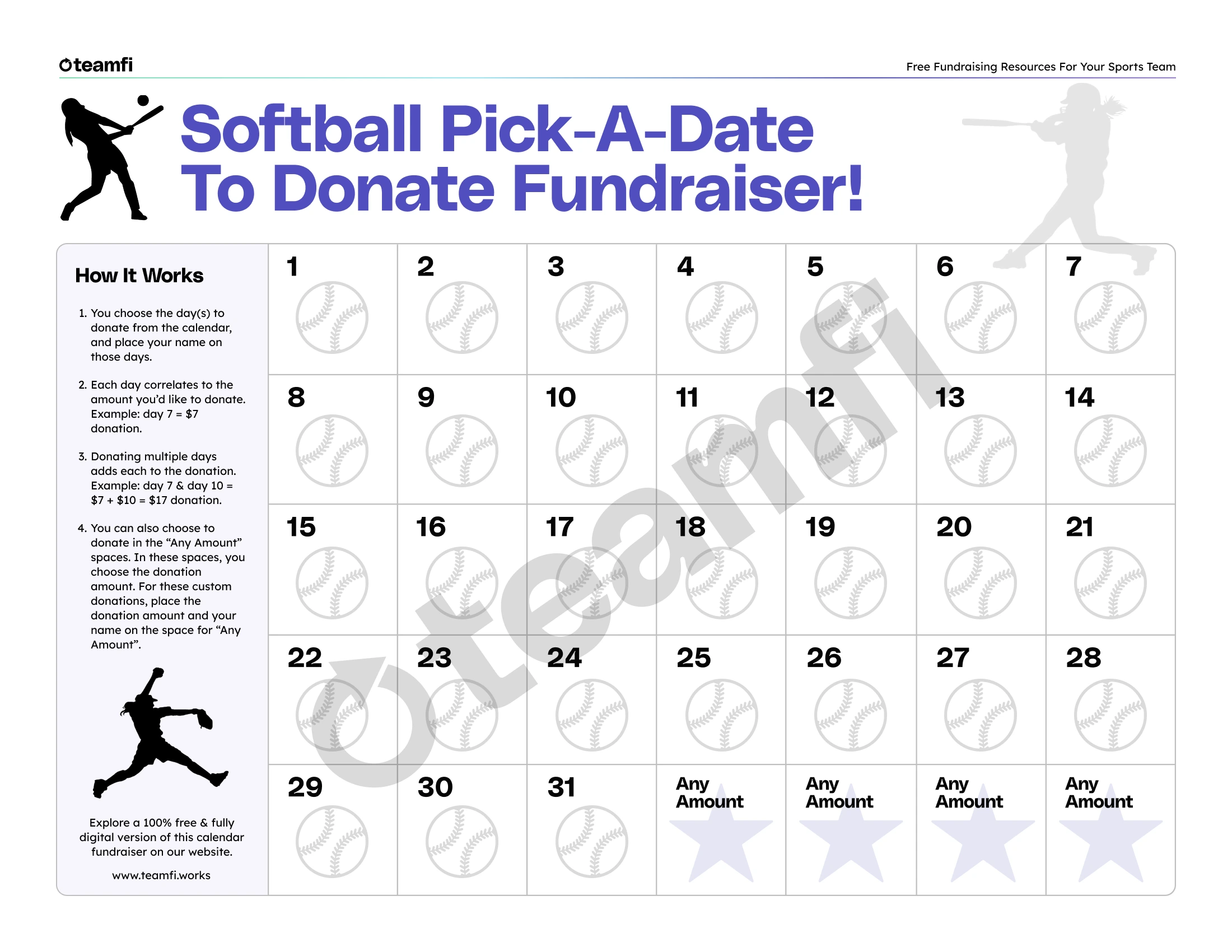 The softball calendar fundraiser is the easiest solution to your team’s fundraising needs. Download our free template or schedule a quick demo to launch your digital fundraiser today.