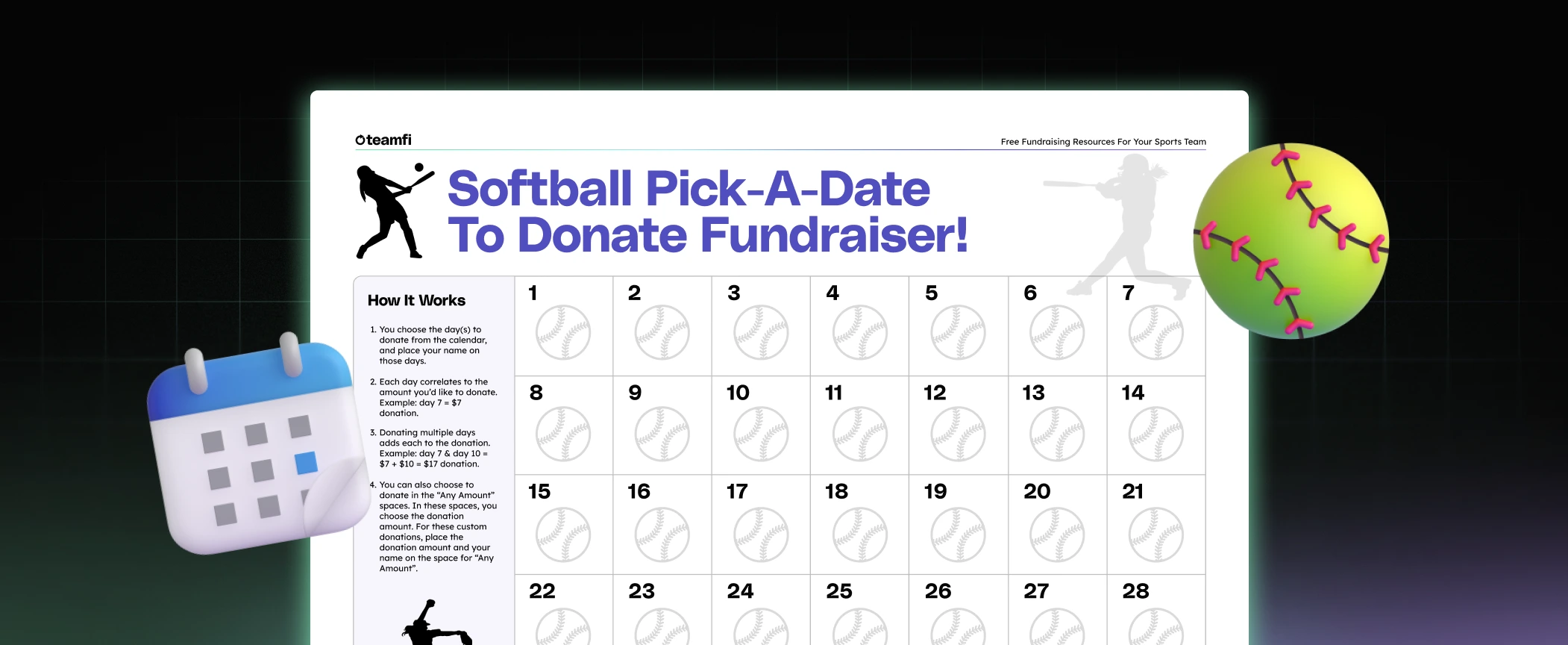 Softball Calendar Fundraiser Template – The Easiest Way to Raise Money Fast – Teamfi Blog: sports fundraising content, guides, and freebies.
